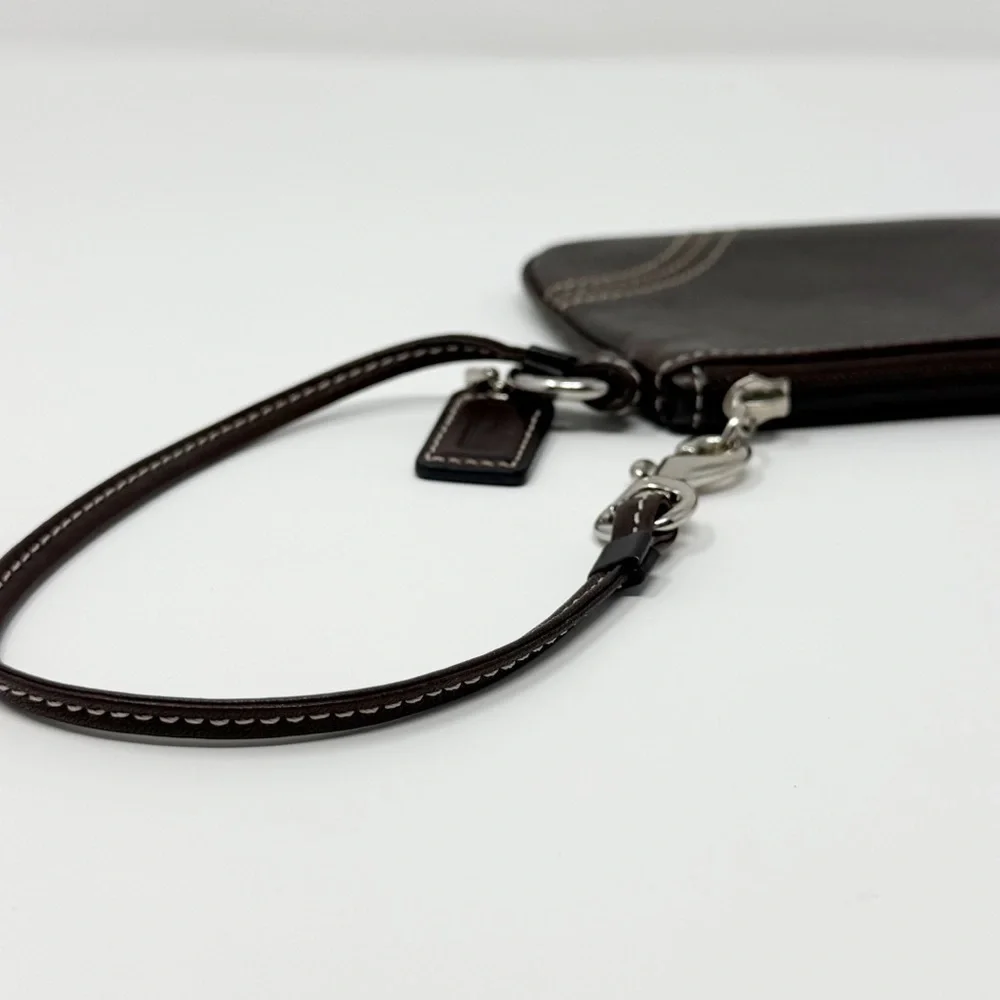 Coach Dark Brown Leather Wristlet Clutch Pouch Purse Zip Top Signature